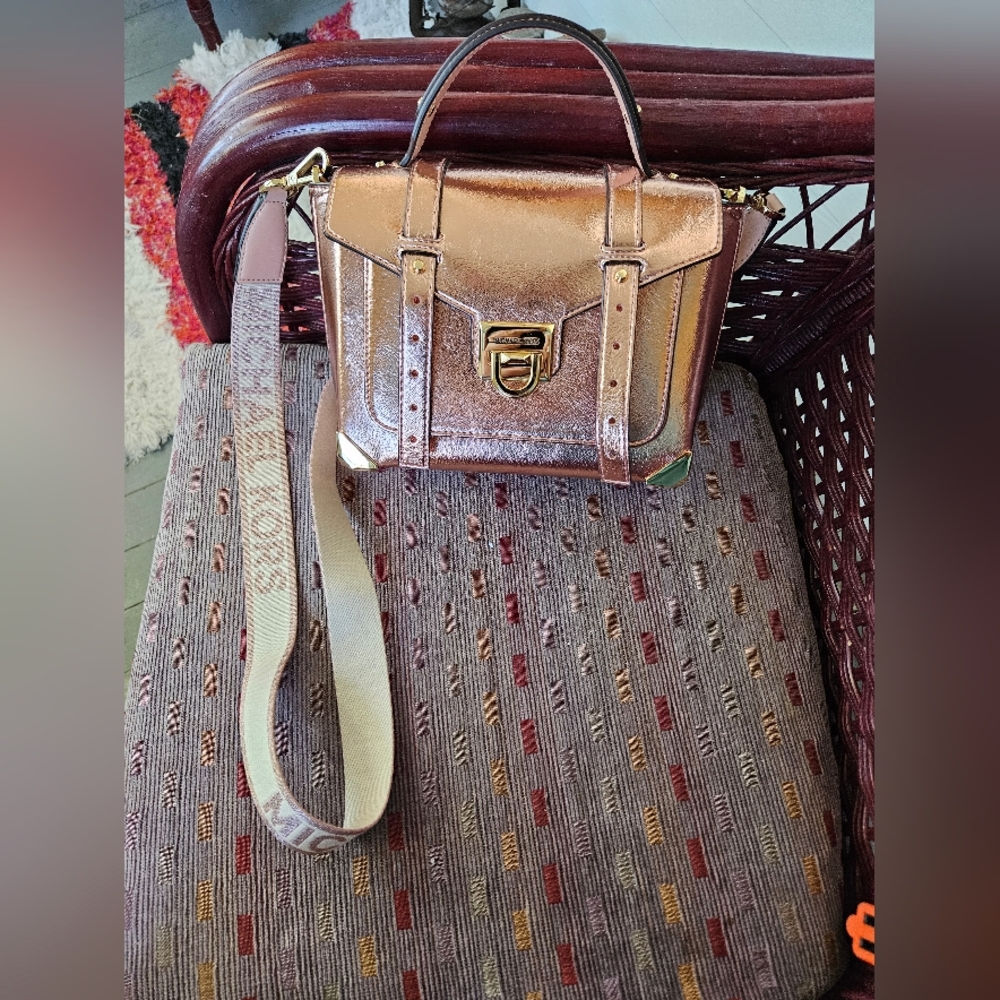 NWT Michael Kors Manhattan Top Handle Patent Leather Satchel Primrose Rose Gold